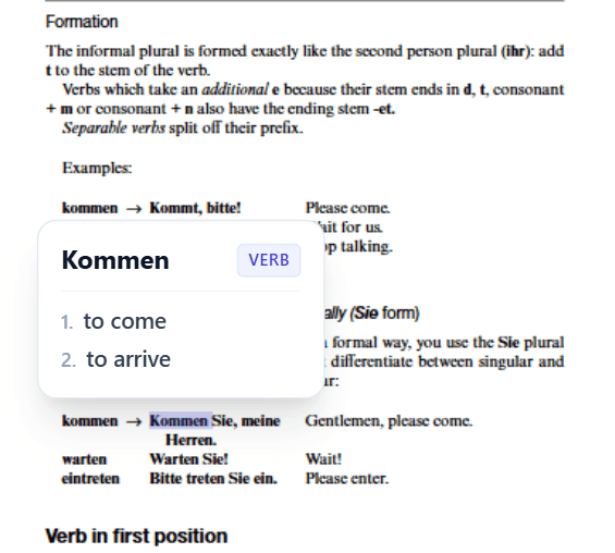 Expanded demonstration of LingoPDF PDF Reader displaying a German document with selected verb 'Kommen' and an inline floating dictionary lookup